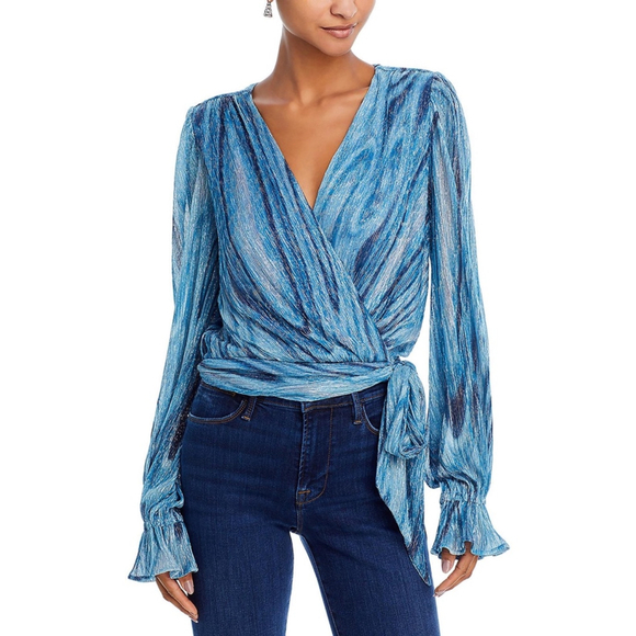 Ramy Brook Metallic Blue Wrap Blouse w/ Tie Waist‎ -Small NWT - Picture 1 of 6